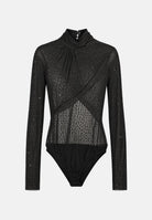 SIMONA CORSELLINI Body elegante nero da donna, con collo alto, maniche lunghe, drappeggio incrociato sul busto e inserti semitrasparenti con lavorazione traforata. A26CPBDN0101 V0003 SIMONA CORSELLINI 