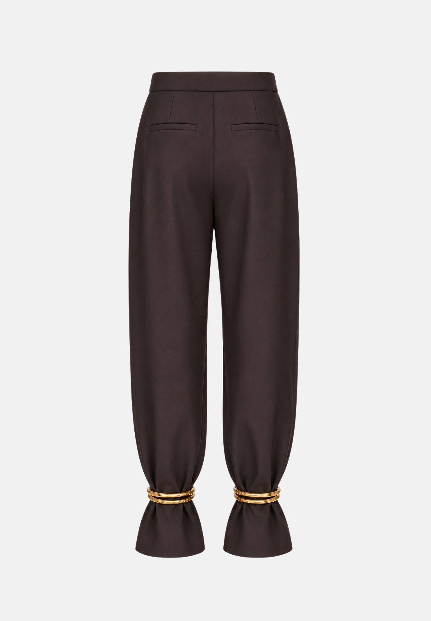 SIMONA CORSELLINI Pantaloni dark chocolate-marrone  per donna con vita alta, linea affusolata e dettagli metallici alle caviglie. A26CPPA01402 V0761 SIMONA CORSELLINI 
