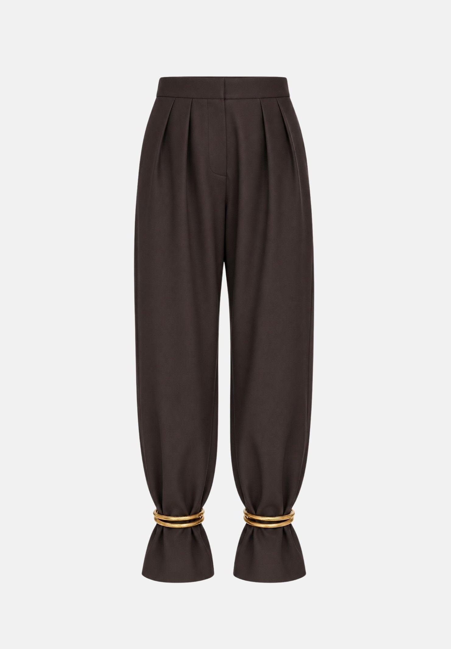 SIMONA CORSELLINI Pantaloni dark chocolate-marrone  per donna con vita alta, linea affusolata e dettagli metallici alle caviglie. A26CPPA01402 V0761 SIMONA CORSELLINI 