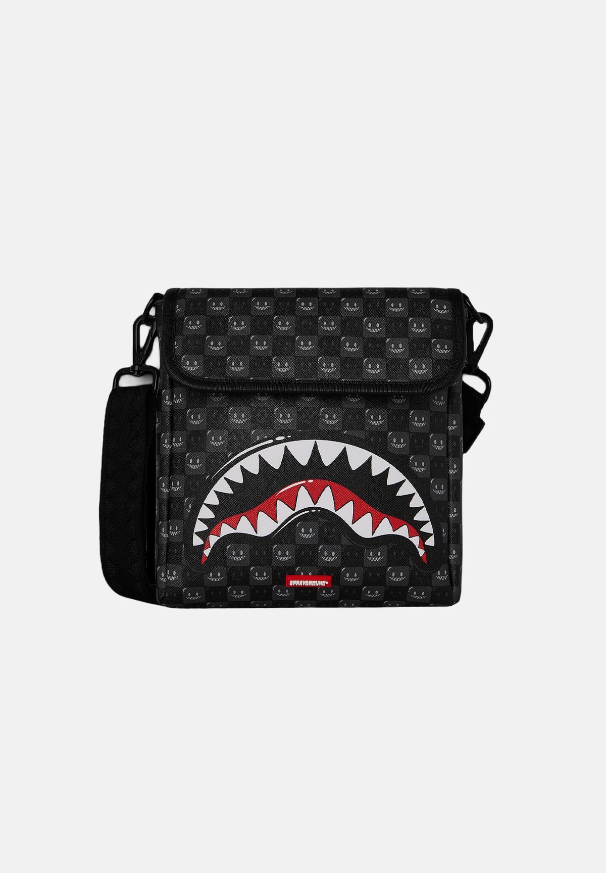 SPRAYGROUND Borsa a tracolla SHARK MONOGRAM nera per uomo, donna e bambino con patta e iconica grafica monogram 910B9314NSZ . SPRAYGROUND 