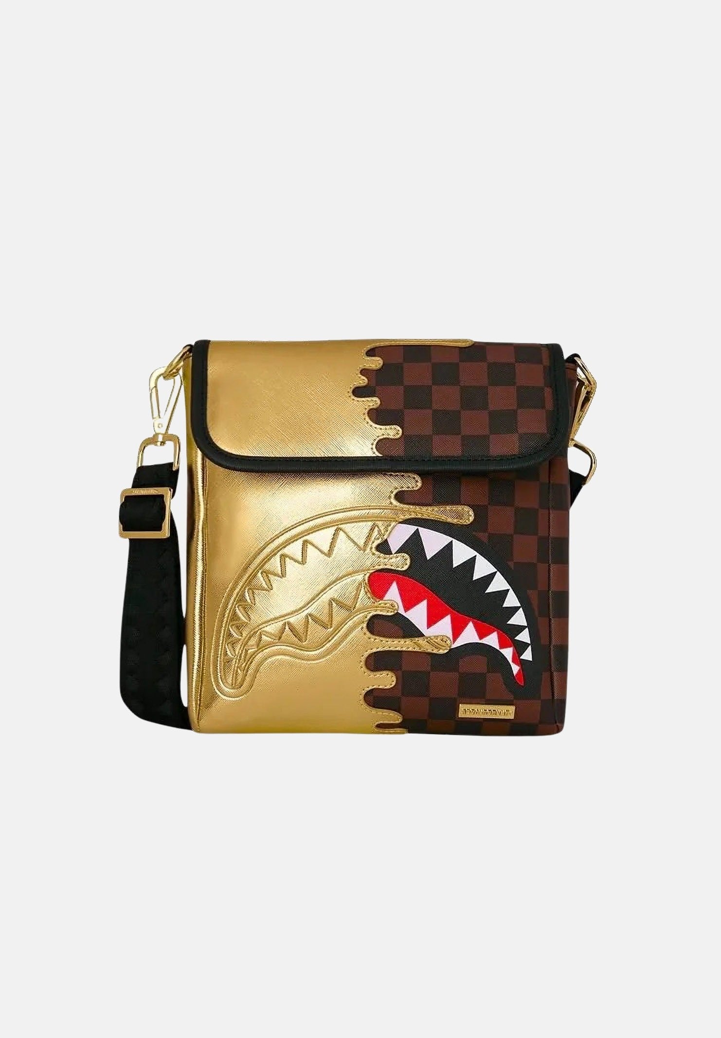 SPRAYGROUND Borsa a tracolla SHARK GOLD oro per uomo, donna e bambino  con patta frontale e stampa grafica bicolore. 910B9340NSZ . SPRAYGROUND 