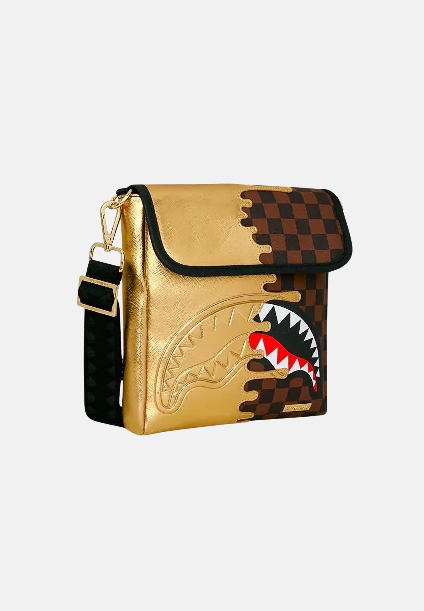 SPRAYGROUND Borsa a tracolla SHARK GOLD oro per uomo, donna e bambino  con patta frontale e stampa grafica bicolore. 910B9340NSZ . SPRAYGROUND 