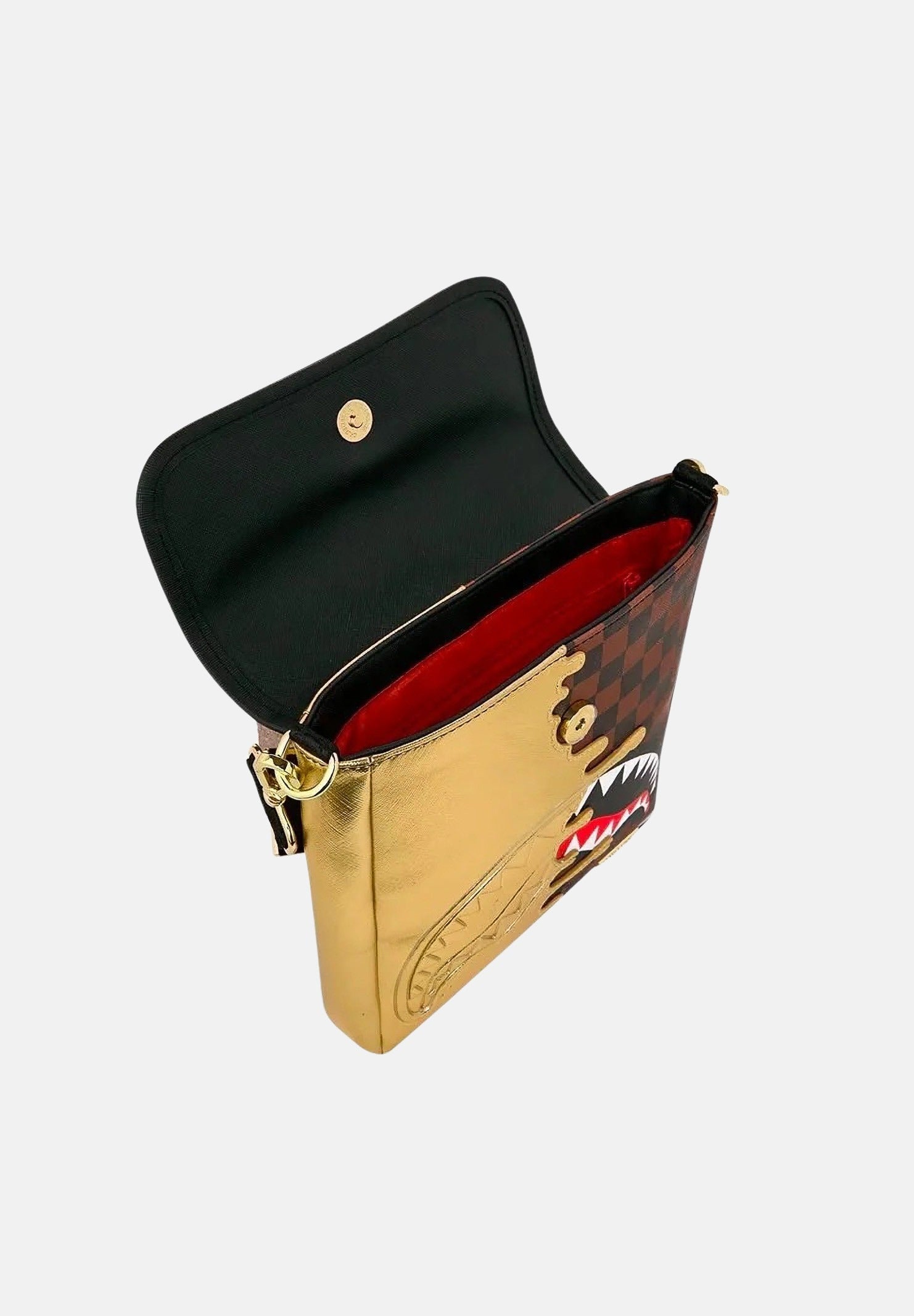 SPRAYGROUND Borsa a tracolla SHARK GOLD oro per uomo, donna e bambino  con patta frontale e stampa grafica bicolore. 910B9340NSZ . SPRAYGROUND 