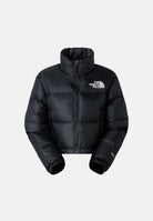 THE NORTH FACE Piumino corto NUPTSE SHORT JACKET nero da donna, in nylon lucido idrorepellente, imbottito in vera piuma d'oca, con collo alto e zip. NF0A5GGEGOG1 . THE NORTH FACE 