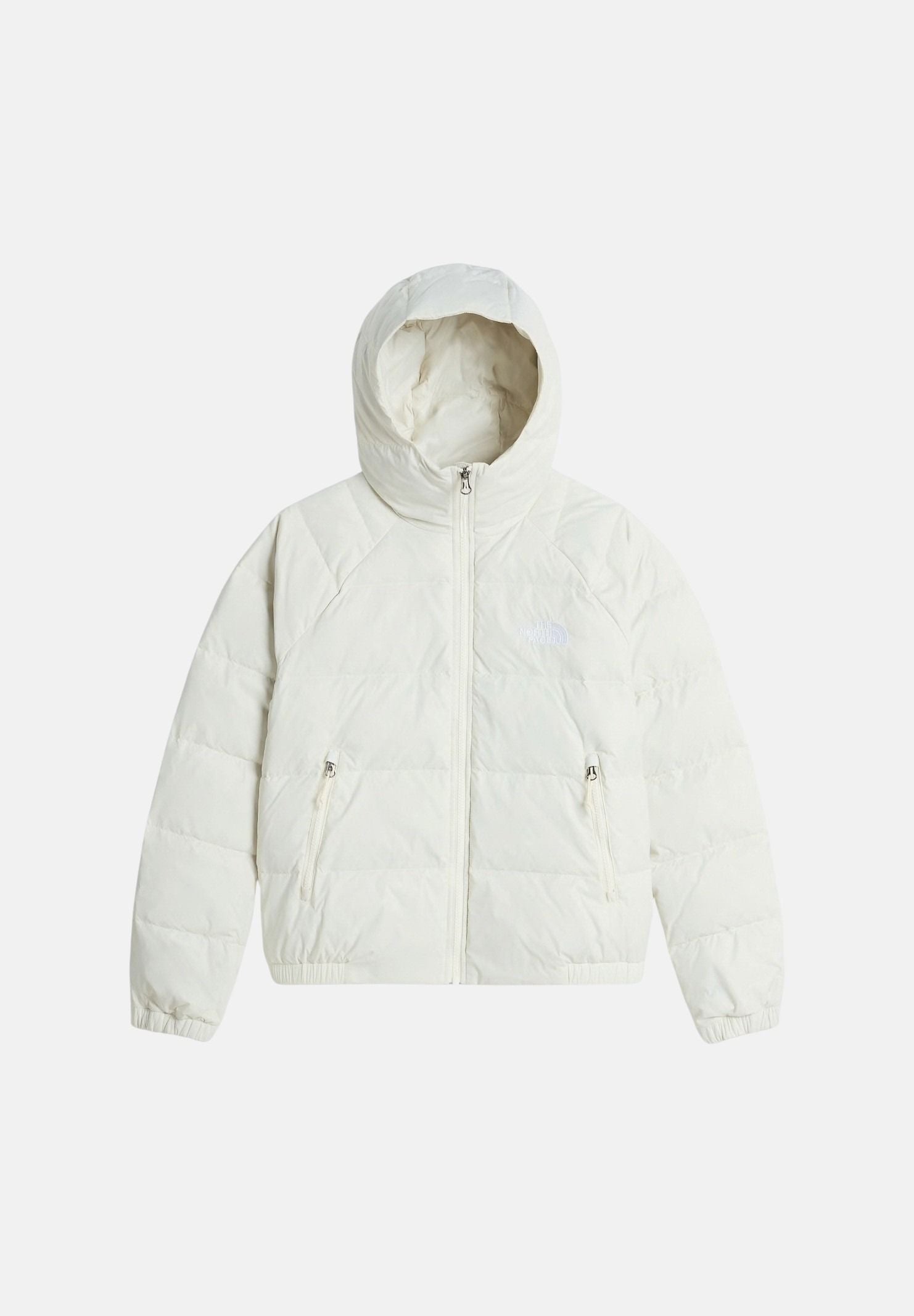 THE NORTH FACE Piumino HYDRENALITE DOWN HOODIE White Dune bianco panna da donna, con cappuccio e zip frontale. NF0A5GGGQLI1 . THE NORTH FACE 