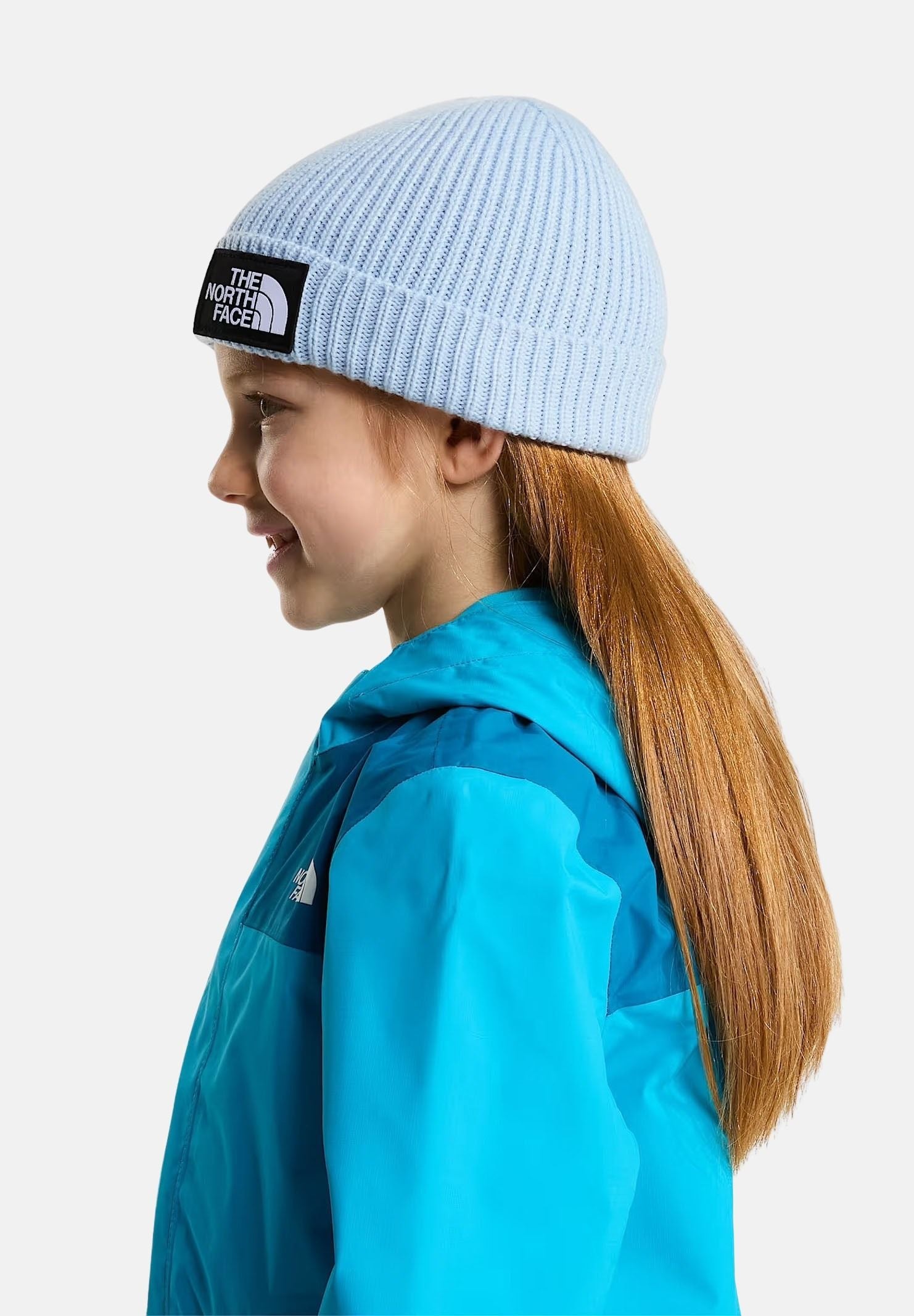 THE NORTH FACE Cappello RECYCLED MERROW celeste per bambino e bambina con risvolto e patch logo frontale. NF0A8F1JBPO1 . THE NORTH FACE 