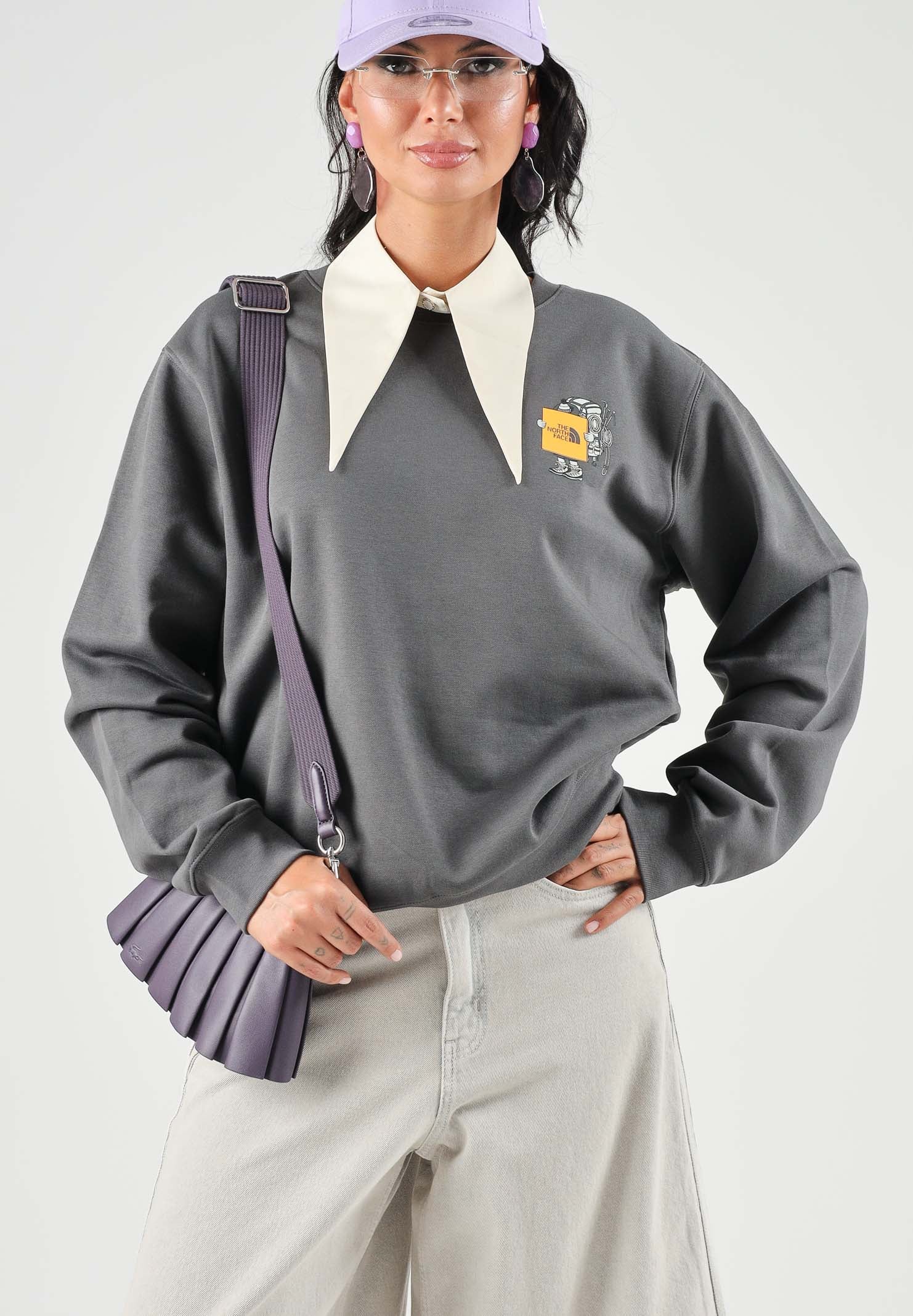 THE NORTH FACE Felpa girocollo GEAR UP GET OUT grigio chiaro per uomo e donna con grafica serigrafata. NF0A8JB5RHI1 . THE NORTH FACE 