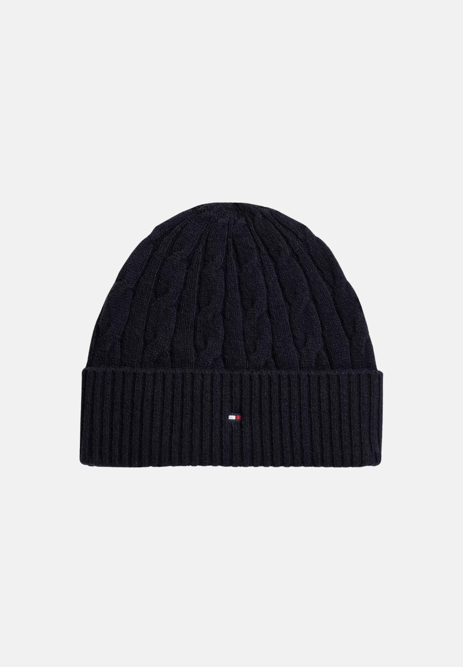 TOMMY HILFIGER Berretto LAMBSWOOL BLEND CABLE KNIT FLAG BEANIE Space Blue blu navy per uomo e donna,  a trecce, con risvolto e logo. AM0AM14859 DW6 TOMMY HILFIGER 