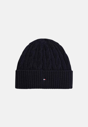 TOMMY HILFIGER Berretto LAMBSWOOL BLEND CABLE KNIT FLAG BEANIE Space Blue blu navy per uomo e donna,  a trecce, con risvolto e logo. AM0AM14859 DW6 TOMMY HILFIGER 