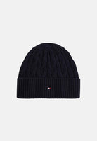 TOMMY HILFIGER Berretto LAMBSWOOL BLEND CABLE KNIT FLAG BEANIE Space Blue blu navy per uomo e donna,  a trecce, con risvolto e logo. AM0AM14859 DW6 TOMMY HILFIGER 