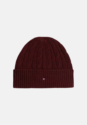 TOMMY HILFIGER Berretto LAMBSWOOL BLEND CABLE KNIT FLAG BEANIE Deep Burgundy bordeaux per uomo e donna, a trecce con risvolto e logo. AM0AM14859 XIH TOMMY HILFIGER 