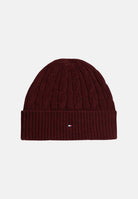 TOMMY HILFIGER Berretto LAMBSWOOL BLEND CABLE KNIT FLAG BEANIE Deep Burgundy bordeaux per uomo e donna, a trecce con risvolto e logo. AM0AM14859 XIH TOMMY HILFIGER 