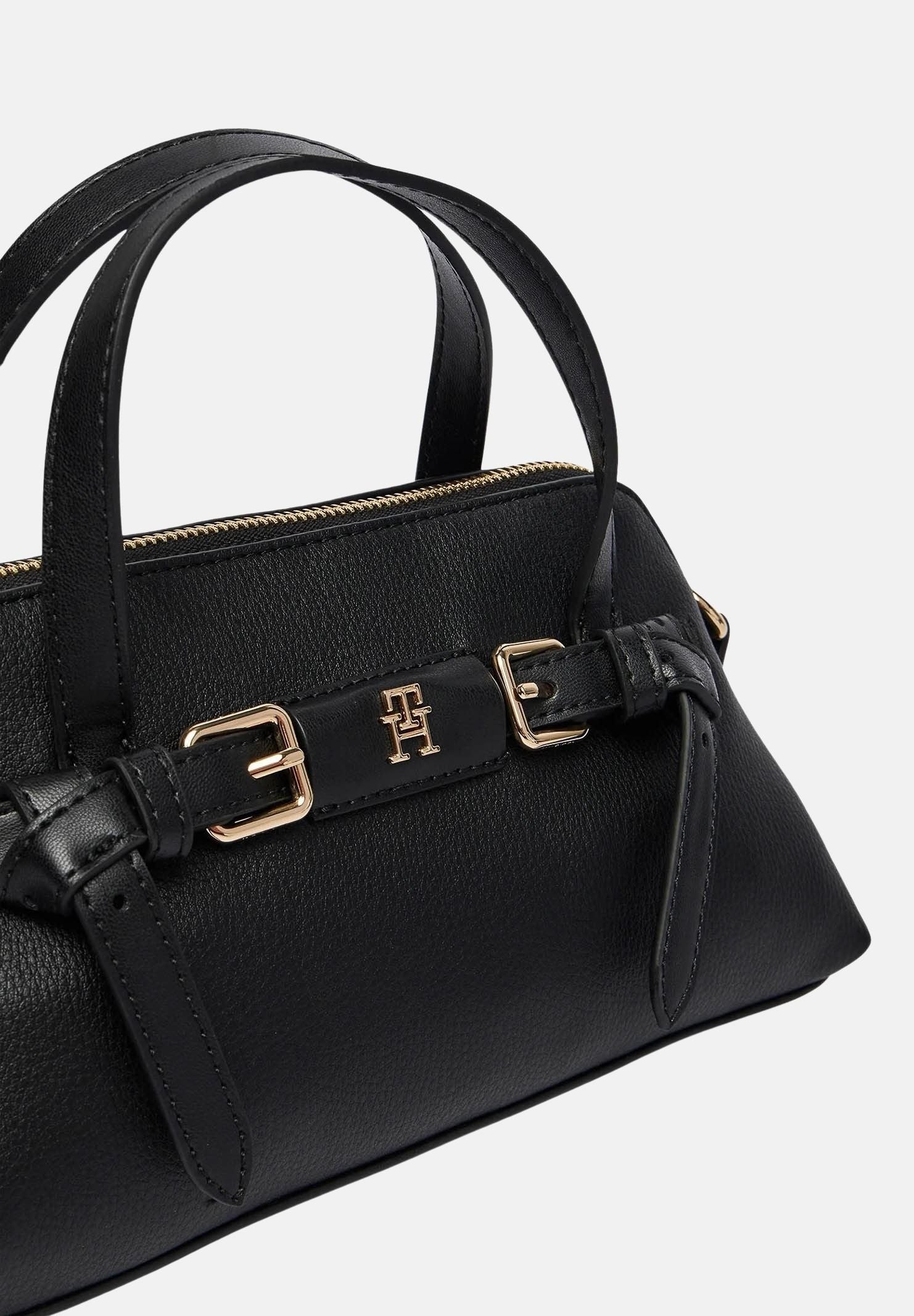TOMMY HILFIGER Borsa a mano TH Buckle Tote nera per donna con doppio manico, dettaglio fibbia frontale AW0AW19034 BDS TOMMY HILFIGER 