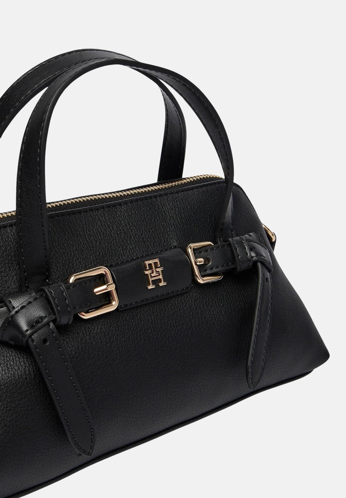TOMMY HILFIGER Borsa a mano TH Buckle Tote nera per donna con doppio manico, dettaglio fibbia frontale AW0AW19034 BDS TOMMY HILFIGER 