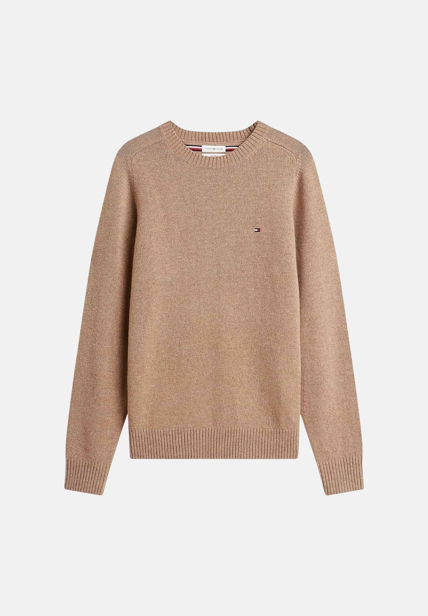 TOMMY HILFIGER Maglione girocollo PURE LAMBSWOOL CREW NECK JUMPER Heathered Oatmilk beige avena chiaro da uomo, in pura lana d'agnello, con maniche lunghe, rifiniture a costine e logo ricamato sul petto. MW0MW36535 HGF TOMMY HILFIGER 