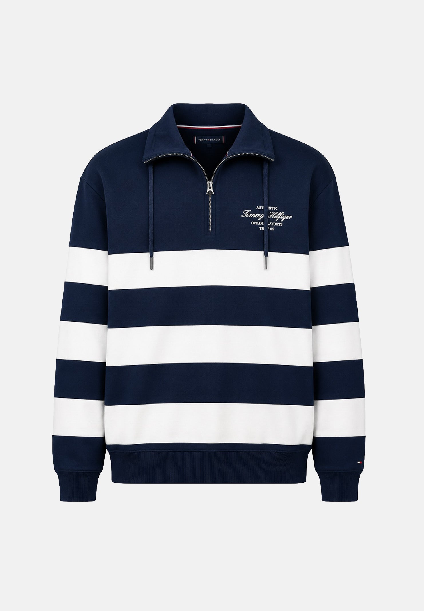 TOMMY HILFIGER Felpa NAUTICAL BLOCK mezza zip, carbon blu da uomo con motivo a righe orizzontali <BR/> MW0MW43190 DCC TOMMY HILFIGER 