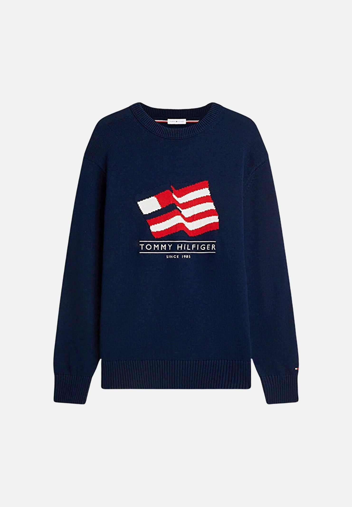 TOMMY HILFIGER Maglione RWB CREW, carbon navy blu da uomo con motivo grafico a bandiera Americana e logo ricamato.<BR/><BR/>. MW0MW43386 DCC TOMMY HILFIGER 