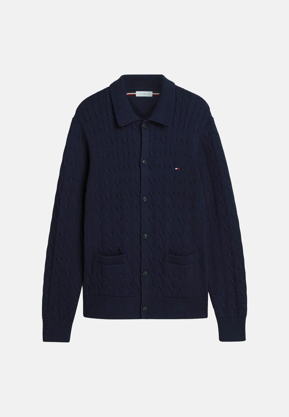 TOMMY HILFIGER cardigan CABLE KNIT COLLARED CARDIGAN blu navy per uomo e donna in cotone a trecce, con colletto, bottoni frontali e tasche applicate. MW0MW44756 DW5 TOMMY HILFIGER 