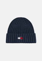 TOMMY JEANS Cappello blu navy per uomo e donna con lavorazione a costine e patch logo rettangolare sul risvolto AW0AW18979 AES TOMMY JEANS 