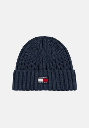 TOMMY JEANS Cappello blu navy per uomo e donna con lavorazione a costine e patch logo rettangolare sul risvolto AW0AW18979 AES TOMMY JEANS 