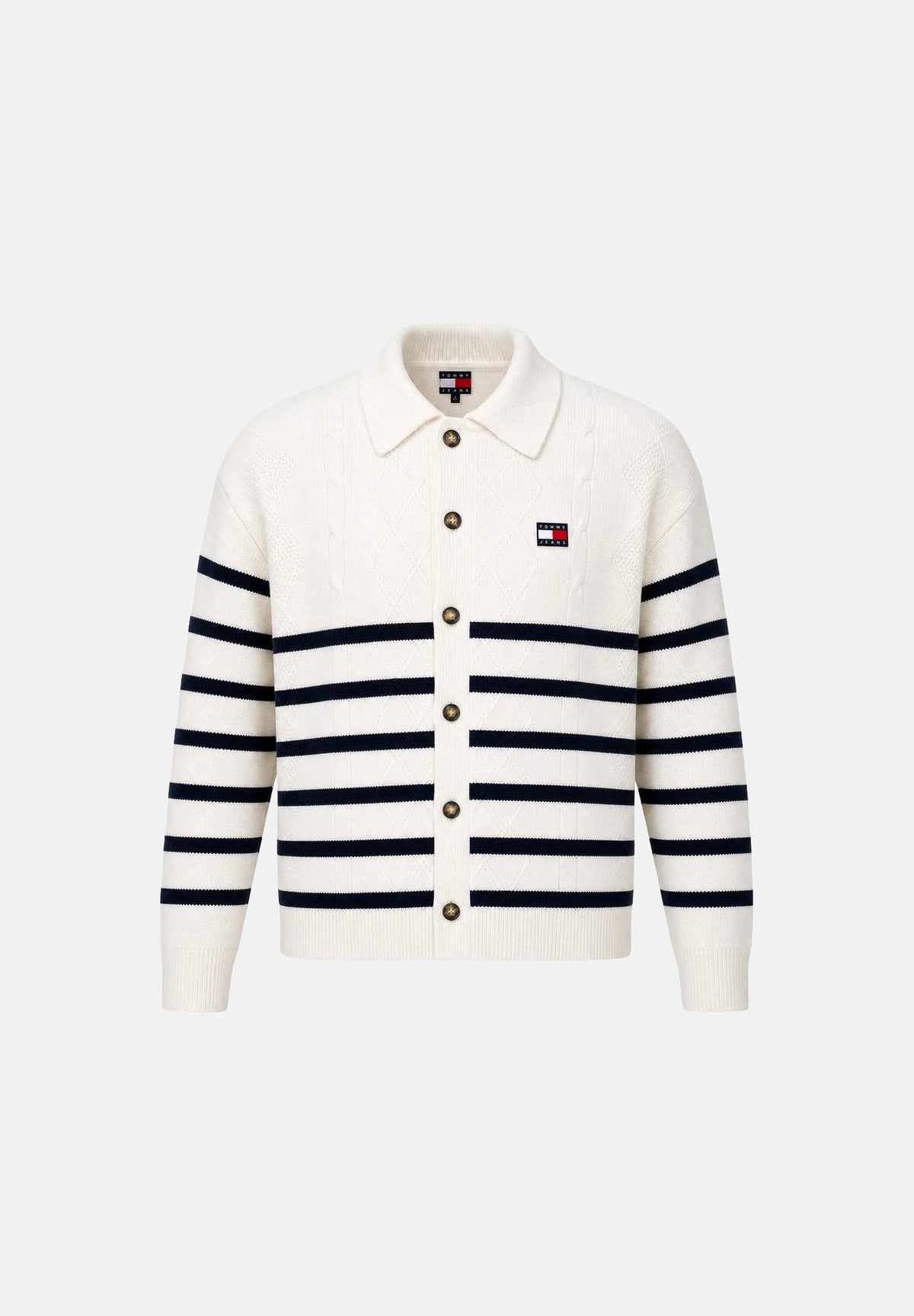 TOMMY JEANS Cardigan CABLE KNIT ancient white bianco da uomo con lavorazione a trecce e motivo a righe orizzontali. DM0DM23210 YBH TOMMY JEANS 