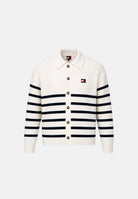 TOMMY JEANS Cardigan Cable Knit Polo colore Ancient White Stripe, bianco e blu navy, da uomo. DM0DM23210 YBH TOMMY JEANS 