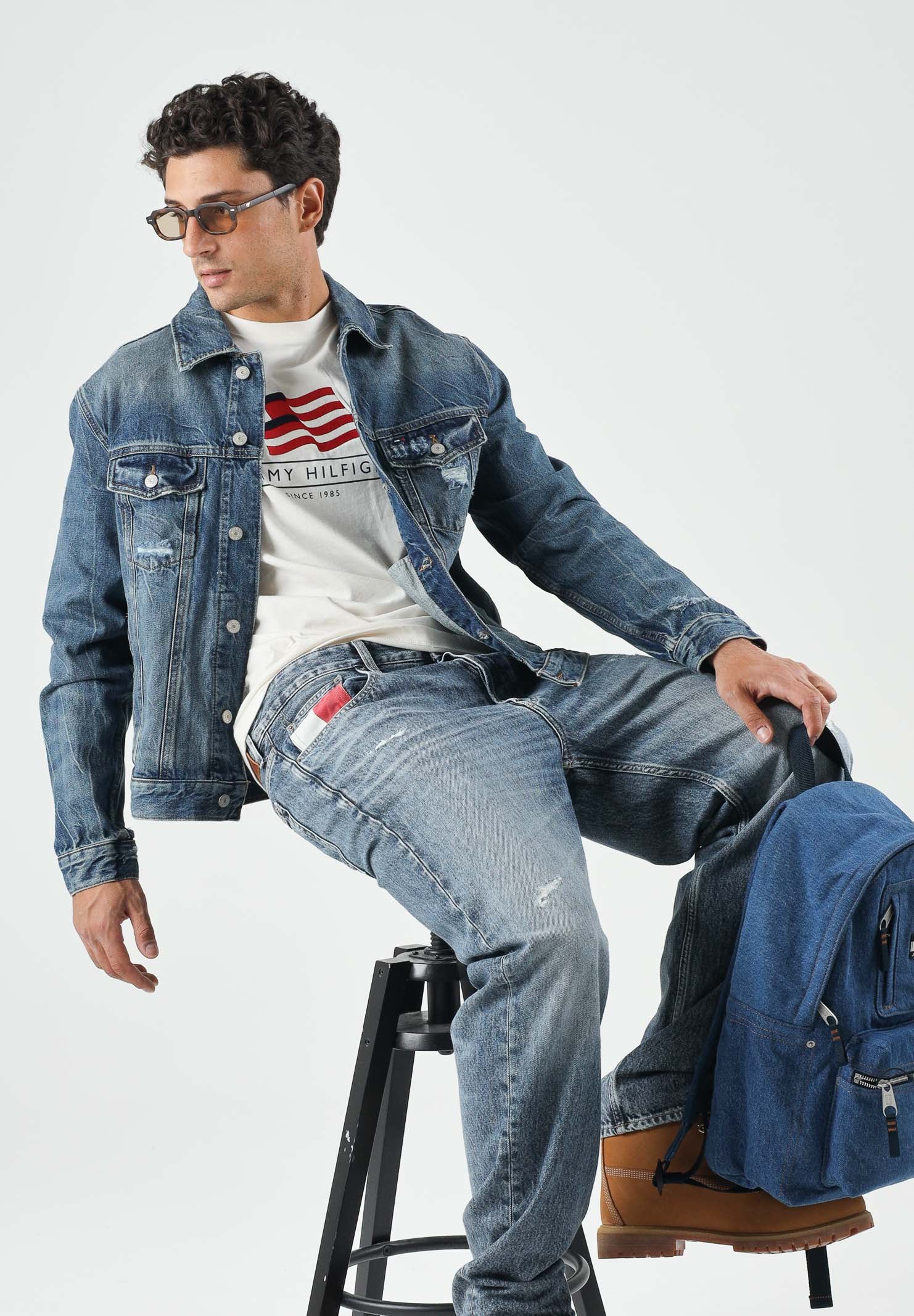 TOMMY JEANS Giubbotto RYAN DISTRESSED denim dark blu da uomo<BR/> DM0DM23369 1BK TOMMY JEANS 