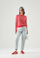 TOMMY JEANS Maglia ESSENTIAL CREW SWEATER girocollo,rossa e bianca da donna con fantasia a righe. DW0DW20159 0EX TOMMY JEANS 