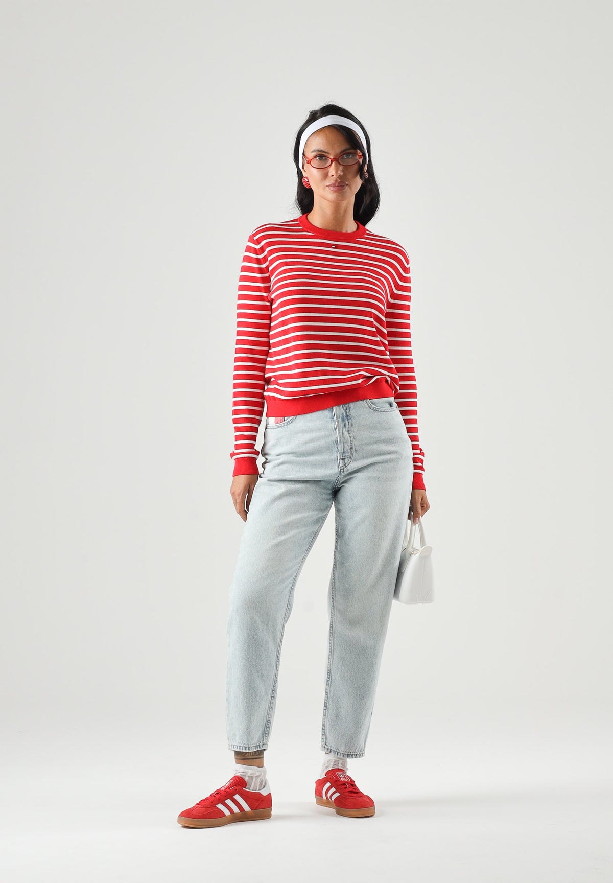 TOMMY JEANS Maglia ESSENTIAL CREW SWEATER girocollo,rossa e bianca da donna con fantasia a righe. DW0DW20159 0EX TOMMY JEANS 