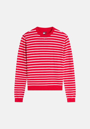 TOMMY JEANS Maglia ESSENTIAL CREW SWEATER girocollo,rossa e bianca da donna con fantasia a righe. DW0DW20159 0EX TOMMY JEANS 