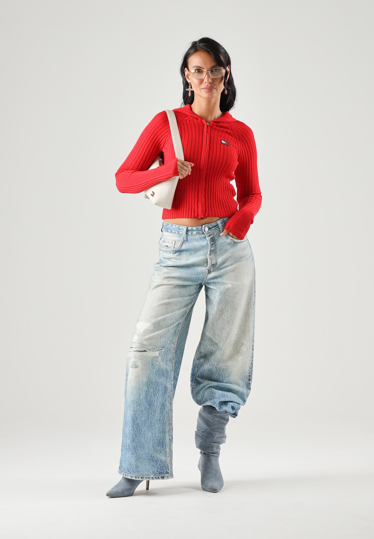 TOMMY JEANS Cardigan AMARYLLI con zip ribbed rosso da donna <BR/> DW0DW20974 XK9 TOMMY JEANS 