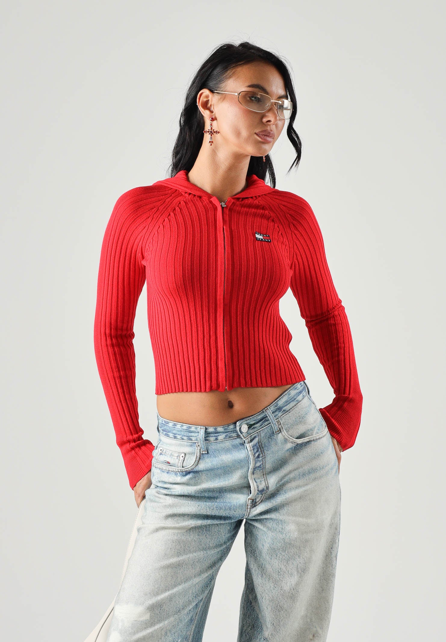 TOMMY JEANS Cardigan AMARYLLI con zip ribbed rosso da donna <BR/> DW0DW20974 XK9 TOMMY JEANS 