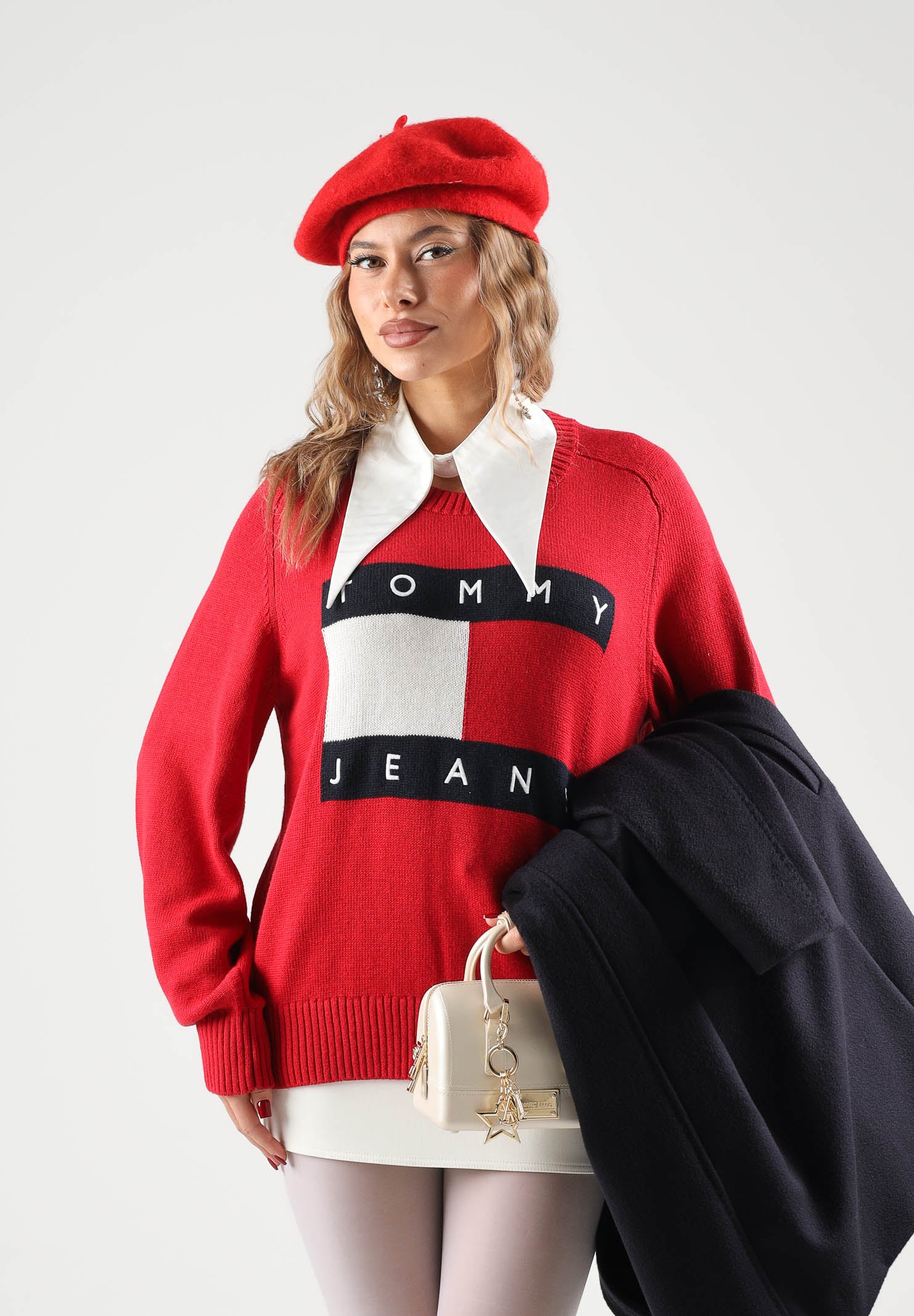 TOMMY JEANS Maglione girocollo FLAG CREW NECK JUMPER red rubino rosso da donna DW0DW23450 XMD TOMMY JEANS 