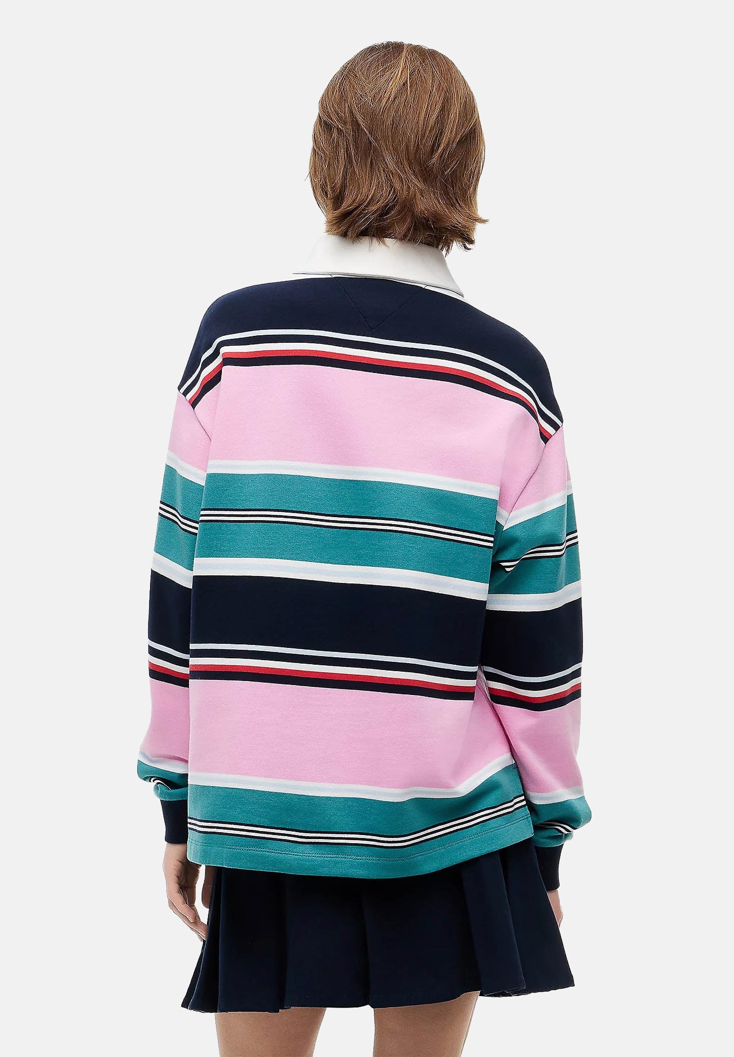 TOMMY JEANS felpa rugby ampia a righe miste Pink Daisy multicolor, rosa bianco blu donna. DW0DW23483 0D2 TOMMY JEANS 