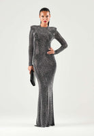 TWENTY FOURHAITCH Abito LUREX lungo  nero argento da donna con maniche lunghe e finitura brillante A0174NAR62A . TWENTY FOURHAITCH 