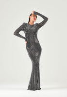 TWENTY FOURHAITCH Abito LUREX lungo  nero argento da donna con maniche lunghe e finitura brillante A0174NAR62A . TWENTY FOURHAITCH 