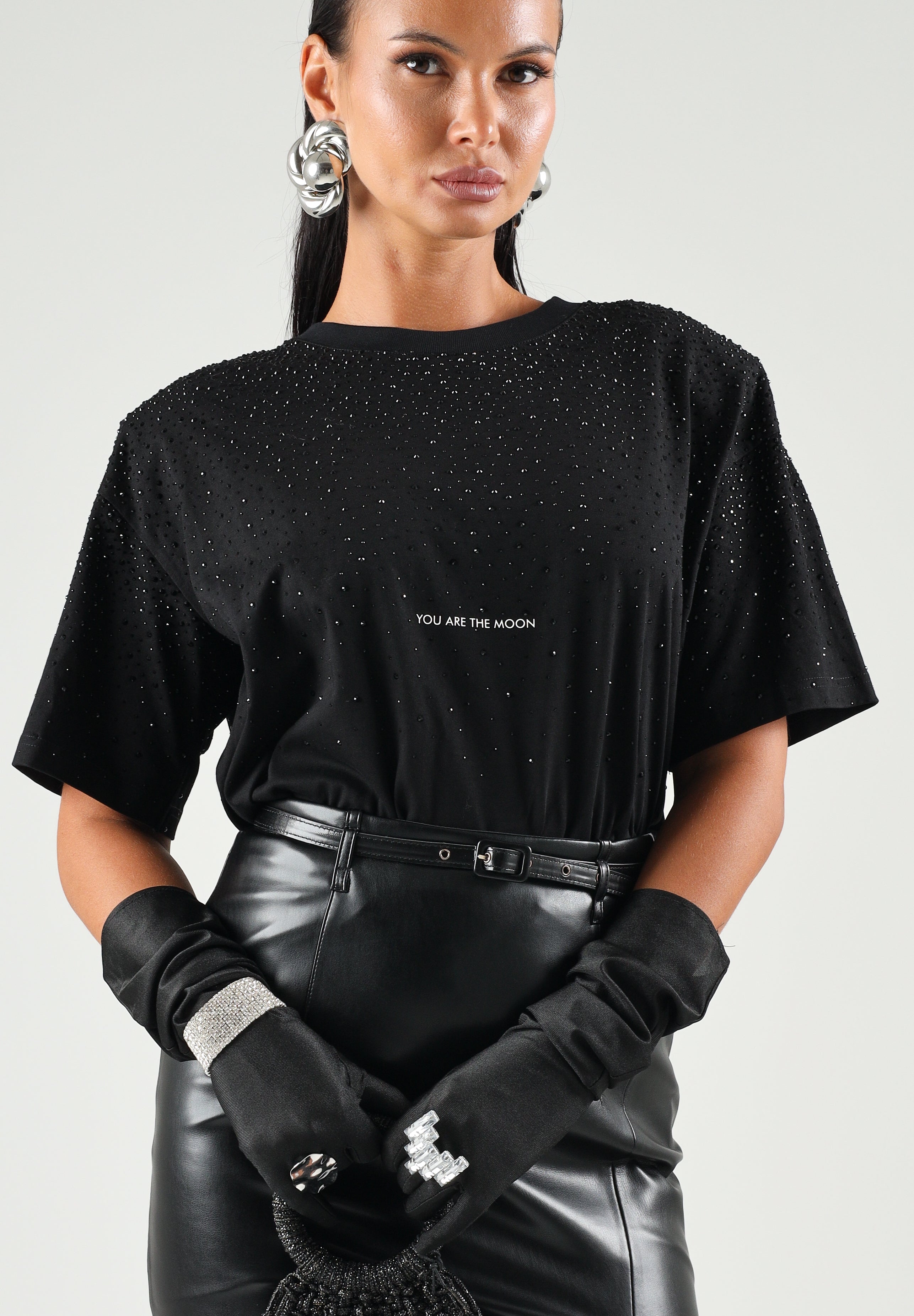 TWENTY FOURHAITCH T-shirt manica corta  BE SHADOW nera per donna con dettagli strass in rilievo A0221NER62A . TWENTY FOURHAITCH 