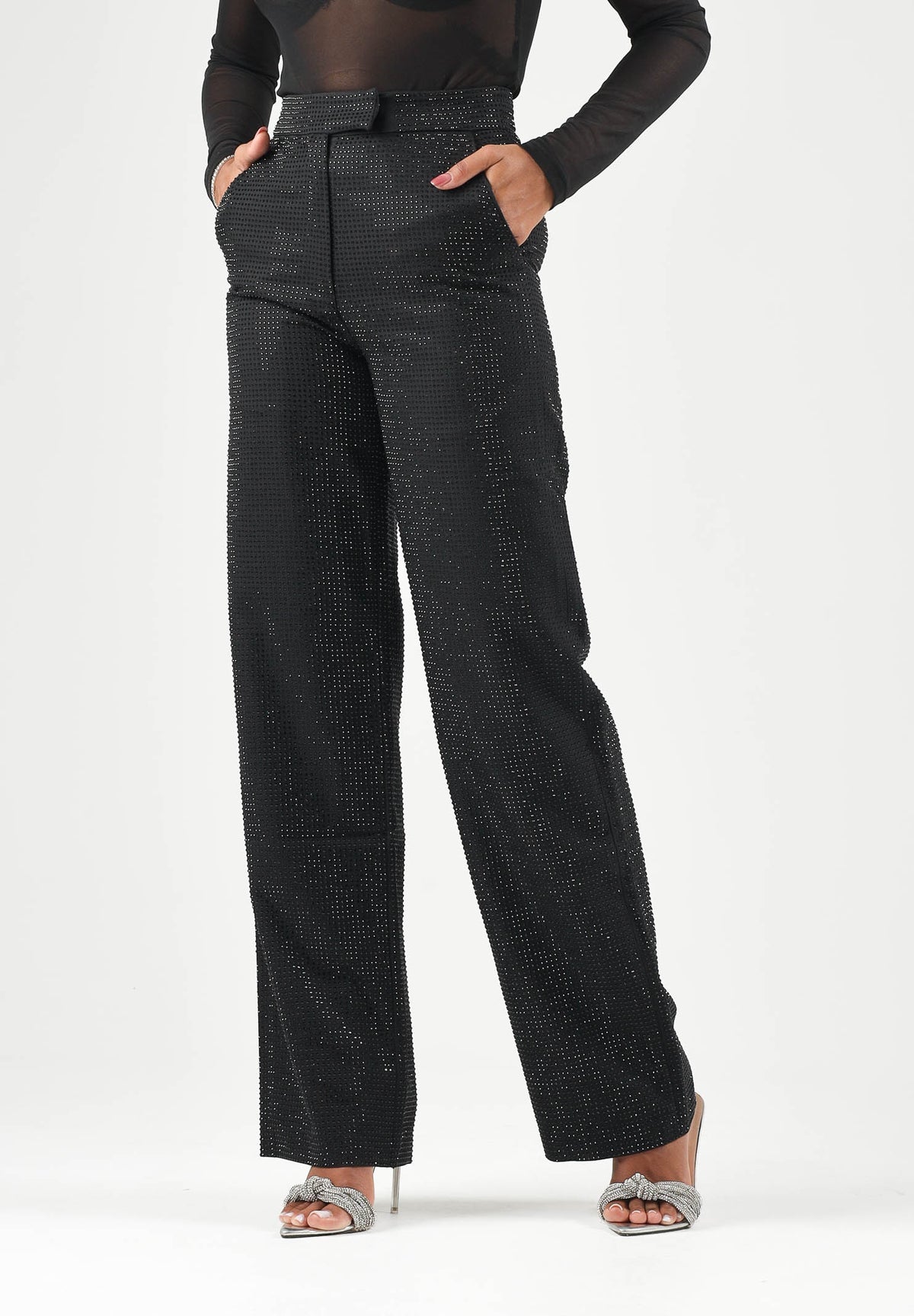 TWENTY FOURHAITCH Pantaloni eleganti neri da donna con applicazioni strass A0312NER62A . TWENTY FOURHAITCH 