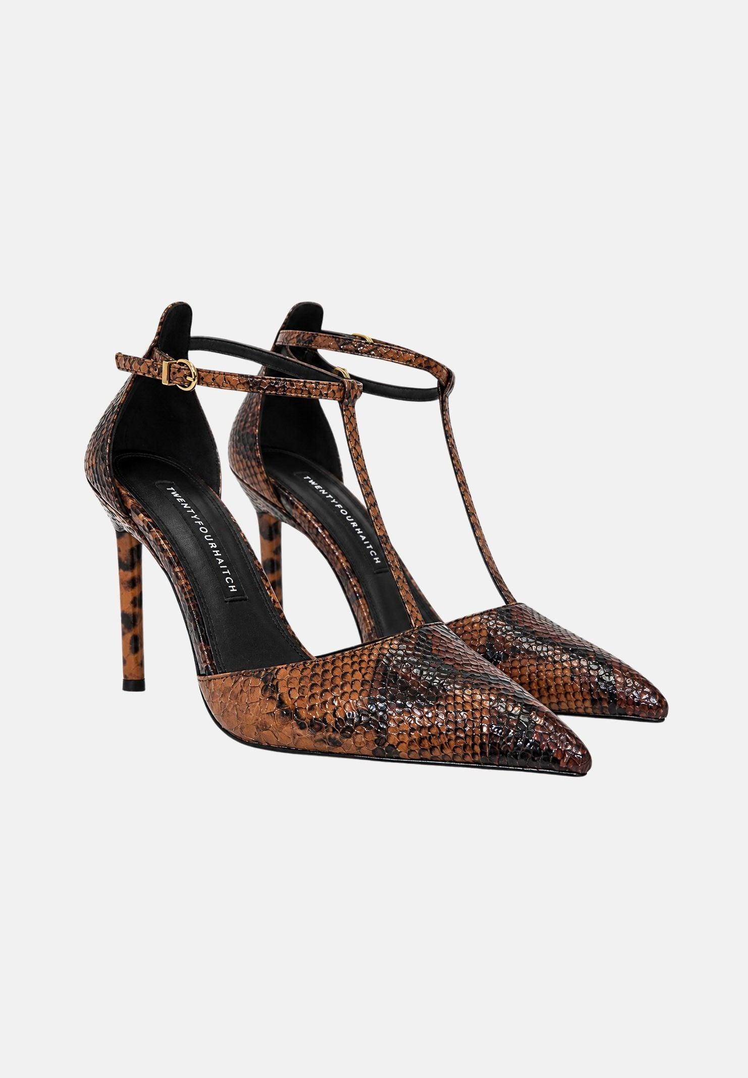 TWENTY FOURHAITCH Décolleté con tacco marrone per donna con stampa pitonata e cinturino T-strap. S0144BRS62A . TWENTY FOURHAITCH 