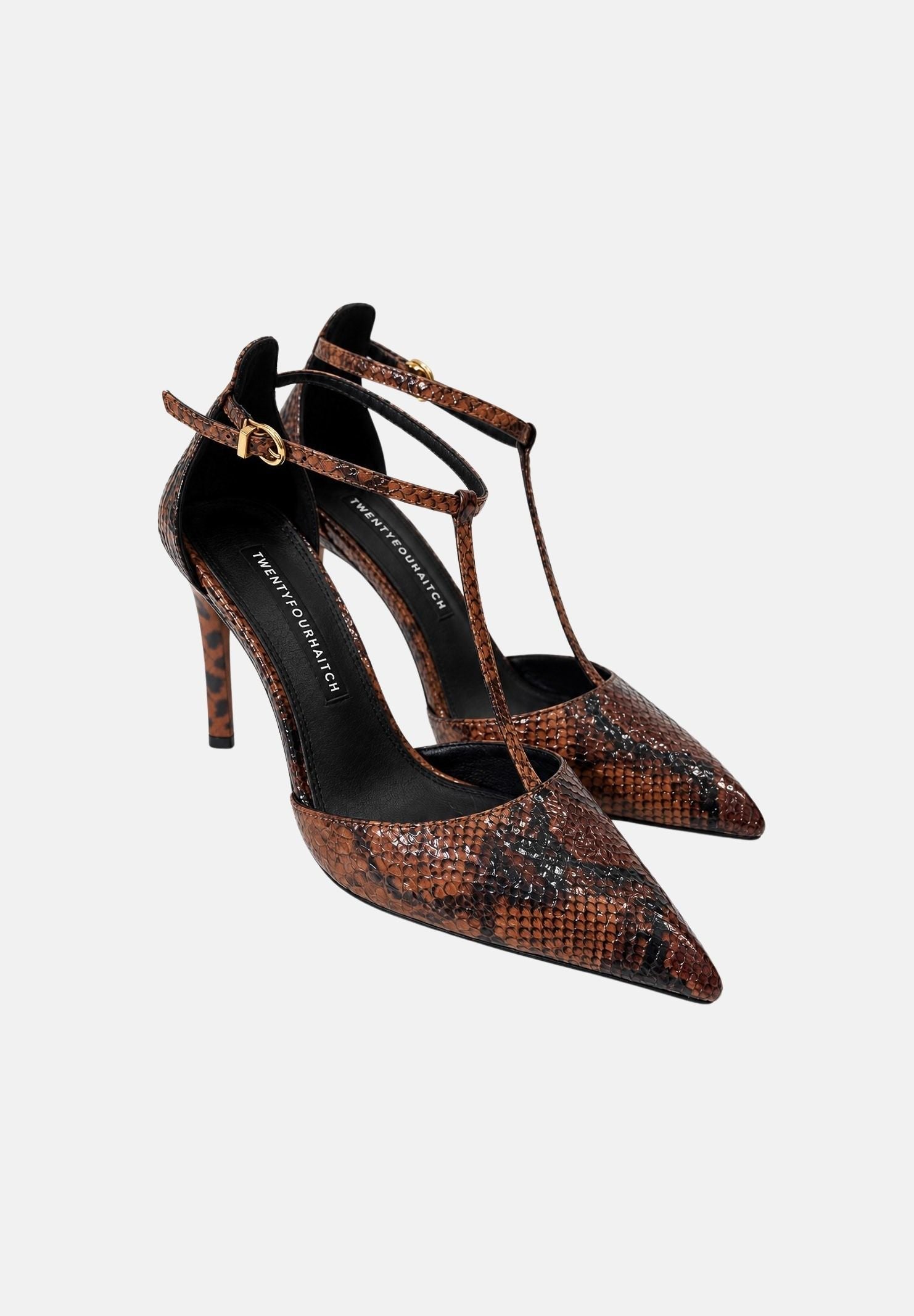 TWENTY FOURHAITCH Décolleté con tacco marrone per donna con stampa pitonata e cinturino T-strap. S0144BRS62A . TWENTY FOURHAITCH 