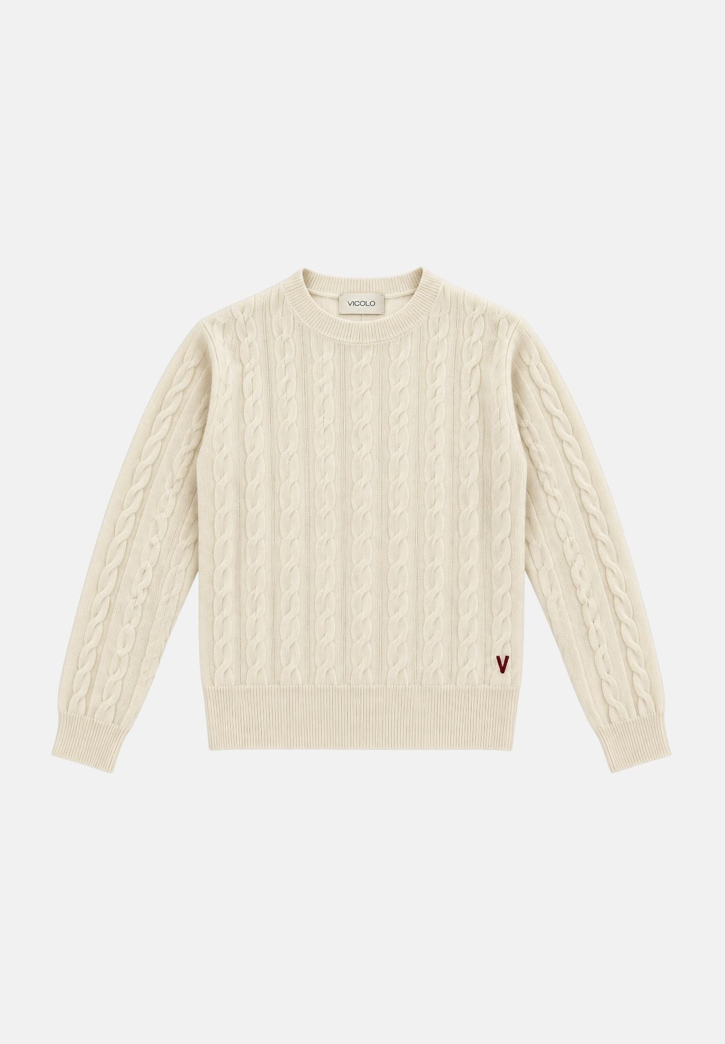 VICOLO Maglione girocollo naturale-panna da donna con mini logo laterale e lavorazione a trecce<BR/> 2AC2068 A02 VICOLO 
