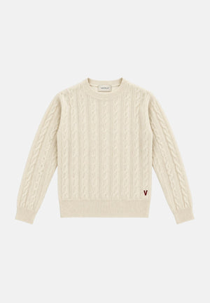 VICOLO Maglione girocollo naturale-panna da donna con mini logo laterale e lavorazione a trecce<BR/> 2AC2068 A02 VICOLO 