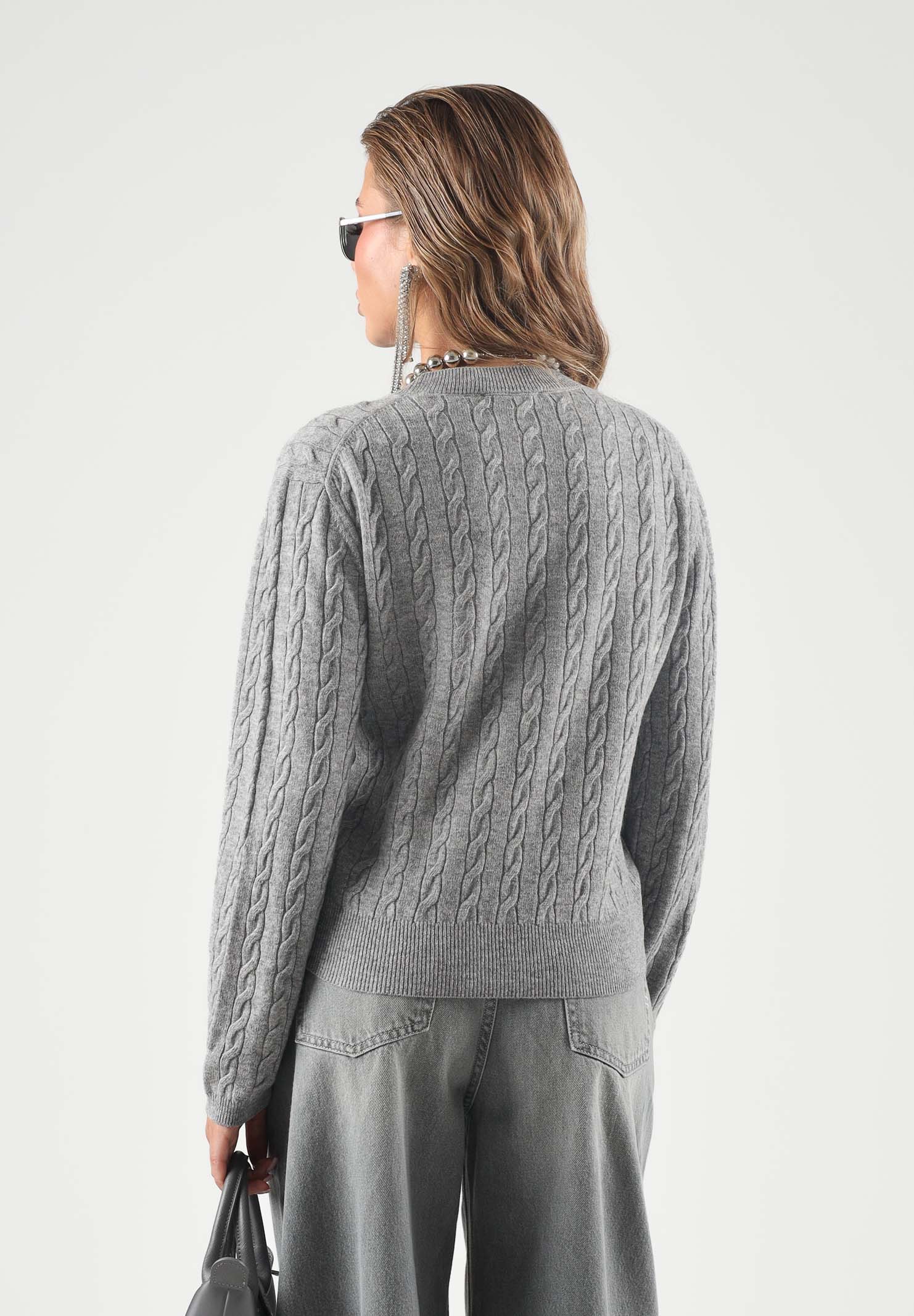 VICOLO Maglione girocollo grigio melangé da donna con mini logo laterale e lavorazione a trecce 2AC2068 A193 VICOLO 