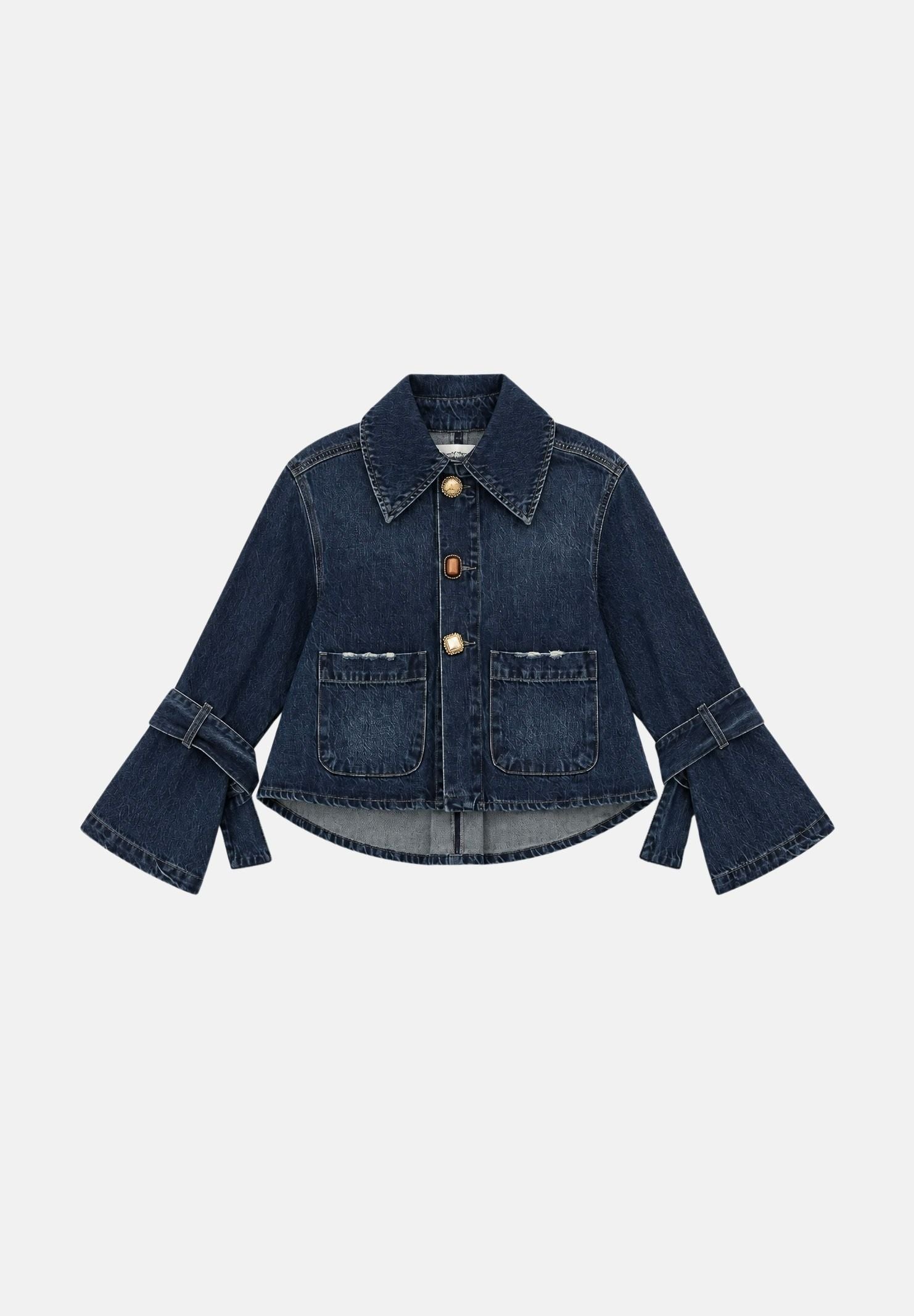VICOLO Giubbino jeans blu  per donna con linea cropped, maniche a campana e fiocchi sui polsi. DAC5100 ADEBL VICOLO 