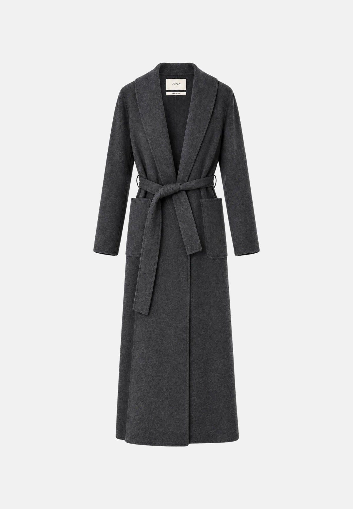 VICOLO Cappotto lungo con cintura Grigio Med Mel grigio medio melangiato da donna in misto lana, con ampio collo a revers sciallato, maniche lunghe, chiusura a portafoglio con cintura coordinata da annodare in vita, tasche laterali e linea morbida e  TAC0004 A193 VICOLO 