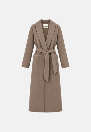 VICOLO cappotto lungo Tortora Mel corrispindente al beige grigiastro da donna in misto lana, con ampi revers sciallati, cintura da annodare in vita, maniche lunghe e tasche laterali. TAC0004 ACU114 VICOLO 