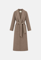 VICOLO cappotto lungo Tortora Mel corrispindente al beige grigiastro da donna in misto lana, con ampi revers sciallati, cintura da annodare in vita, maniche lunghe e tasche laterali. TAC0004 ACU114 VICOLO 