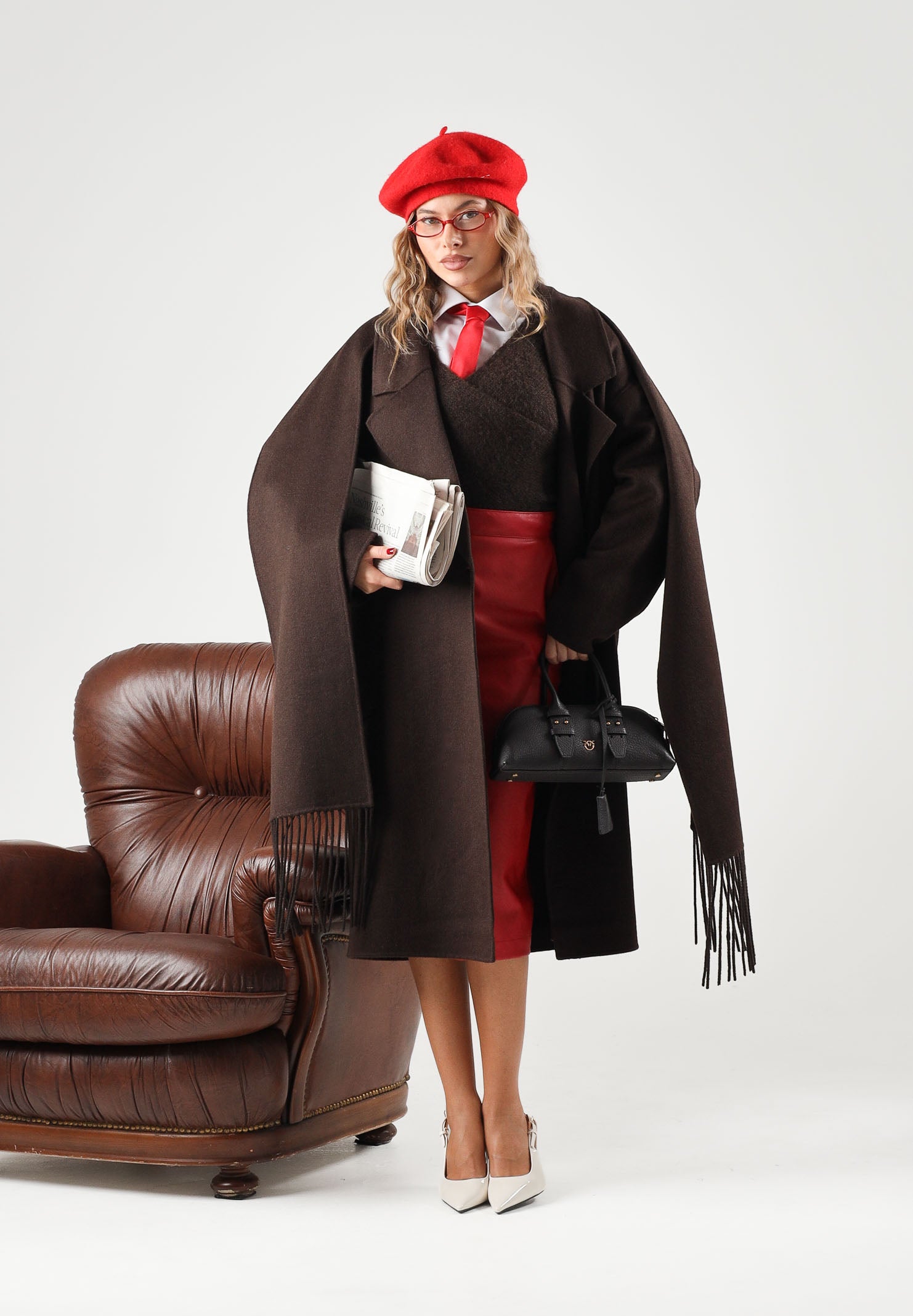 VICOLO Cappotto doppiopetto in misto lana marrone-fondente scuro con sciarpa TAC0022 ACU69 VICOLO 