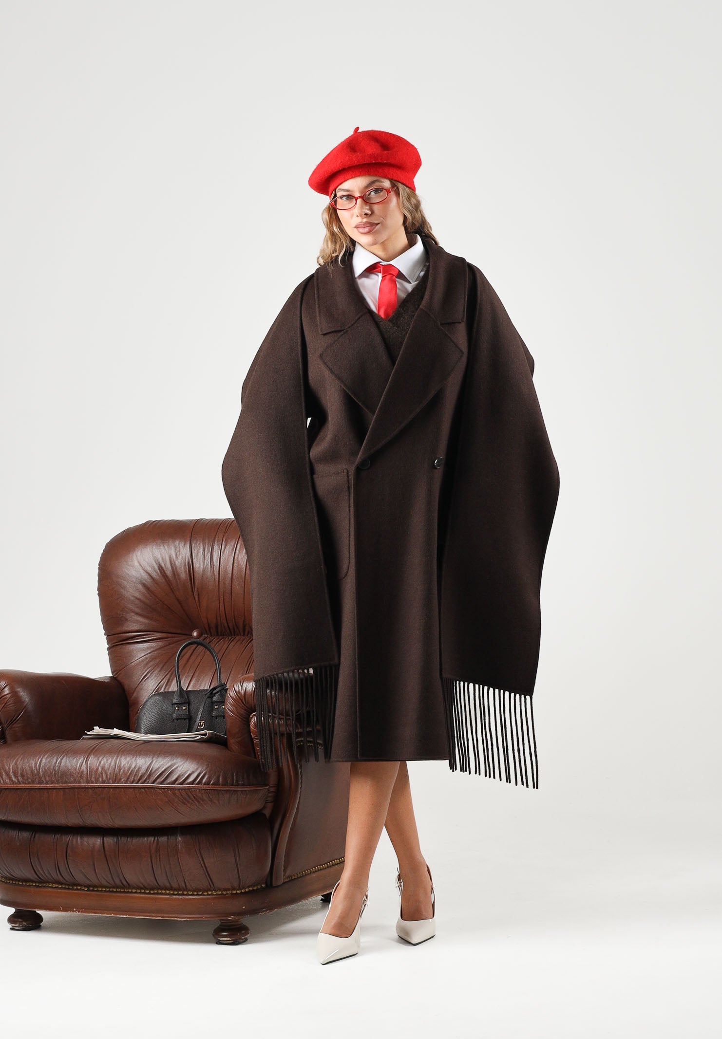 VICOLO Cappotto doppiopetto in misto lana marrone-fondente scuro con sciarpa TAC0022 ACU69 VICOLO 