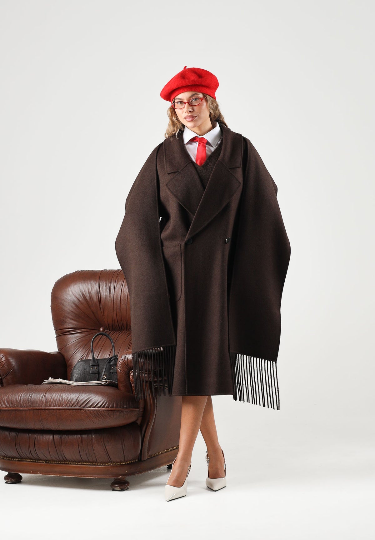 VICOLO Cappotto doppiopetto in misto lana marrone-fondente scuro con sciarpa TAC0022 ACU69 VICOLO 